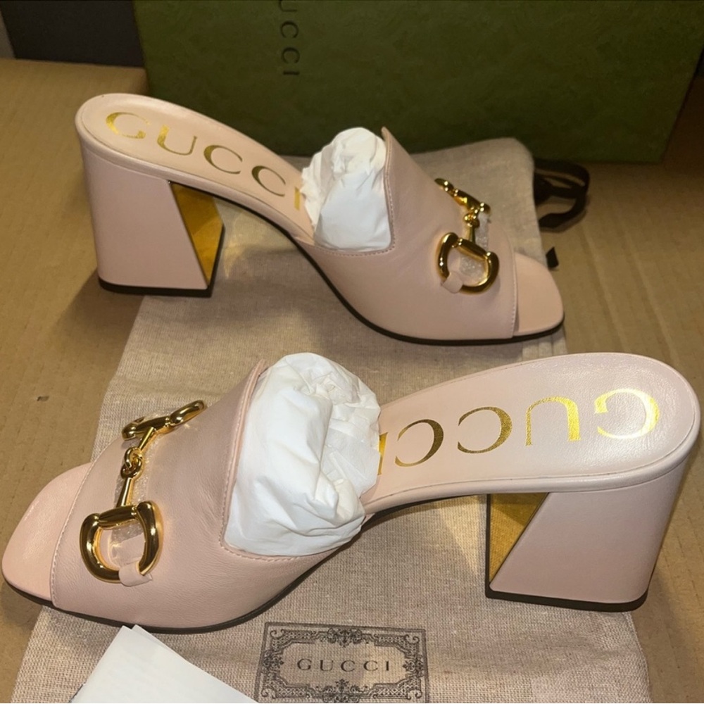 Gucci horsebit women’s slide sandals block heels 39 skin rose